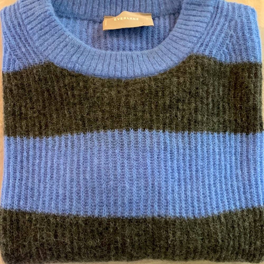 Everlane Blue and Black Striped Crewneck Sweater